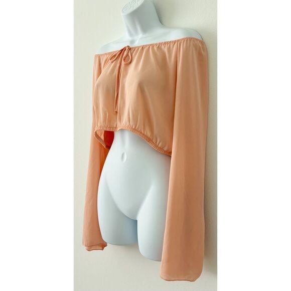 Tobi Peach Off-Shoulder Flowy Sheer Long Sleeve Cropped Top | Size L - Picture 8 of 10